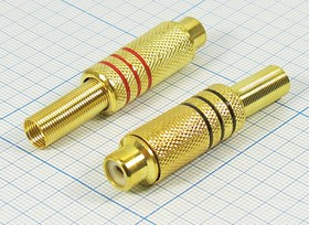 Разъем RCA розетка, на кабель, Au, красный, пружинный хвост 4-6мм