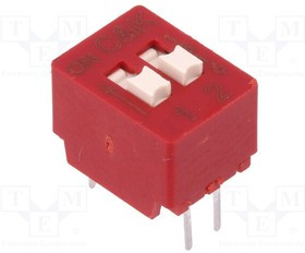 BD02, Switch DIP OFF ON SPST 2 Extended Slide 0.1A 25VDC PC Pins 10000Cycles 2.54mm Thru-Hole Tube