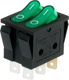 IRS-2101-3C3, Переключатель зеленый с подсветкой ON-OFF 6pin (250В 15А)