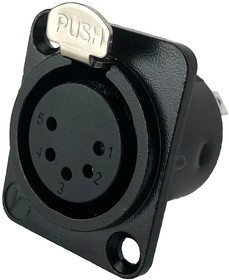 IO-XLR5-F-BK-JL, XLR Connectors 5-Pin XLR, Female, Receptacle, Black Metal Housing, Solder Cups, Silver Contacts