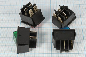 Клавишный выключатель 2-х полюсный с зелёной подсветкой 220В/15А, c фиксацией; №2524 G Пкл\\15\ON-OFF\22,5x30\ чер\ILзел\\4T\IRS201-2A3\