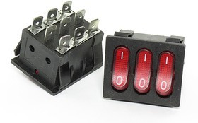 Переключатель клавишный, контакты 9T, 15А, 3-ON-OFF, подсветка ILкрасная, IRS3101-3C