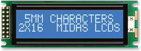 MC21605DC6W-BNMLW-V2, Буквенно-цифровой ЖКД, 16 x 2, Белый на Черном, 5В, Параллельный, Английский, Японский