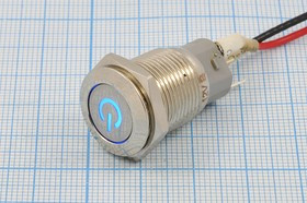 Переключатель кнопочный, d16, 12В, 3.0А, ON-(ON), металлический/ILсиний, контакты 5C, LA16-F5