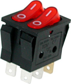 IRS-2101-3C3, Переключатель красный с подсветкой ON-OFF (15A 250VAC) DPST 6P