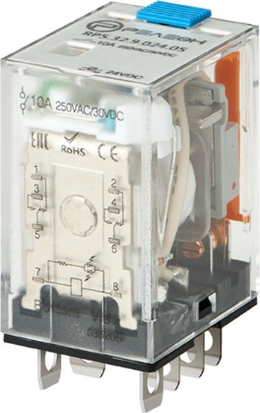 RP5.32.9.024.05, Реле миниатюрное 2 пер. 24VDC, 10A/ 250VAC с тест-кнопкой и светодиодом