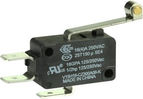 V15H16-CZ300A06-K, Микропереключатель, Стандартный, Длинный Роликовый Рычаг, SPDT, Быстрое Соединение, 16 А