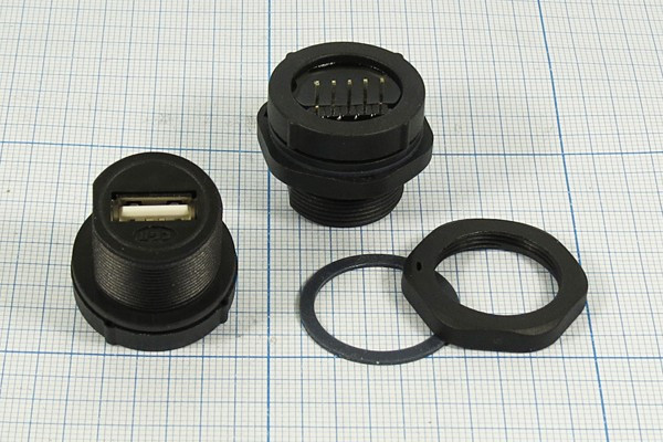 Гнездо USB тип A на панель герметичное, 5 контактов, диаметром 20,5мм, USB A-FS GERM; Q-12662 гн USB \A\5P\пан/ гермет\d20,5\USB A-FS GERM