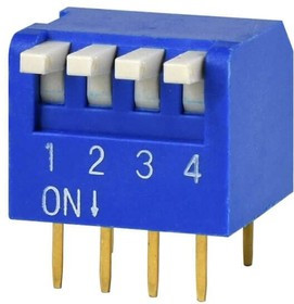 DS02C-254-1L-04BE, DIP Switches / SIP Switches DIP Switch, SPST, 2.54 pitch, Raised actuator, convex bottom, long pin, 4 position, Blue