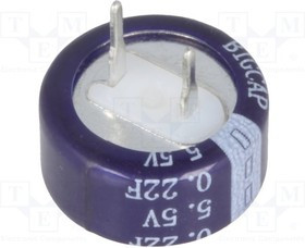 BCEC-5.5V-0.22F, Суперконденсатор, THT, 0,22Ф, 5,5ВDC, ±20%, d13,5x6,6мм, -25-70°C