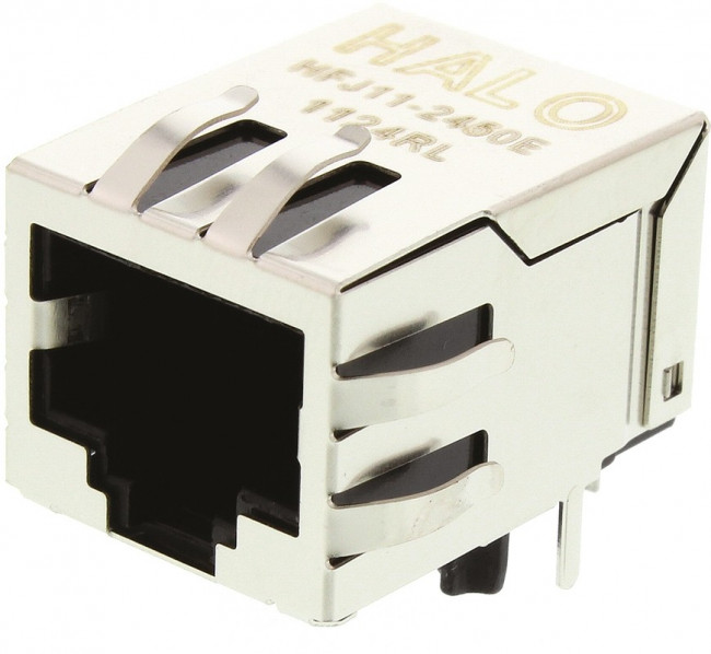 HFJ11-1G41ERL, Modular Connectors / Ethernet Connectors GIGABIT 1x1 Tab Down RJ45 w/mag No LED