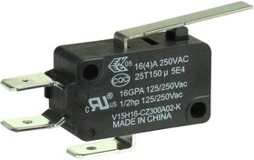 V15H16-CZ300A02-K, Микропереключатель, Стандартный, Прямой Рычаг, SPDT, Быстрое Соединение, 16 А
