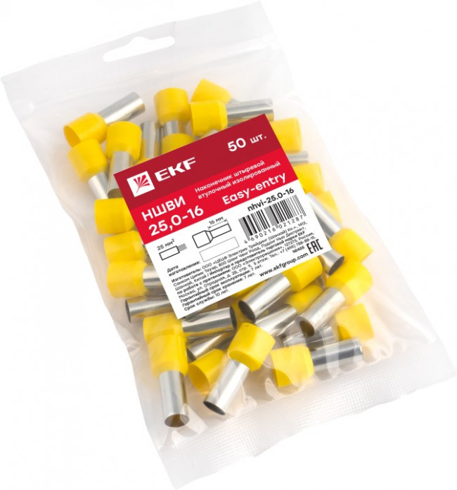 Наконечник штыревой втулочный изол. НШвИ 25.0-16 (уп.50шт) EKF nhvi-25.0-16