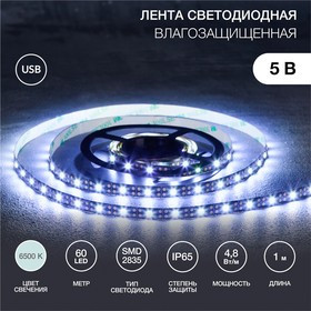 141-385, Лента светодиодная 5В, SMD2835, 4,8Вт/м, 60 LED/м, 6500K, 8мм, 1м, с USB коннектором, черная, IP65 L