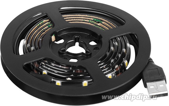 141-385, Лента светодиодная 5В, SMD2835, 4,8Вт/м, 60 LED/м, 6500K, 8мм, 1м, с USB коннектором, черная, IP65 L