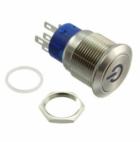 ULV4F2GSS545, Pushbutton Switches Anti-Vandal Switch 3A 250VAC 2P ON-ON Power Symbol Blue LED 24V Stainless Steel Body &amp; Actuator Solder Ter