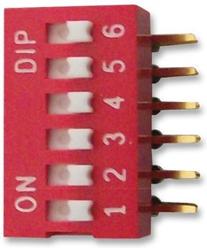 MCNDA-06V, DIP Switch, Slide Actuator, 6 Circuits, R/A, SPST-NO, 24 VDC, 25 mA, TH