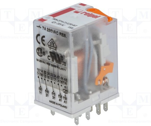 R4N2014235230WT, Реле: электромагнитное, 4PDT, Uобмотки: 230ВAC, 6A/250ВAC, IP40 R4N2014235230WT, Реле: электромагнитное, 4PDT, Uобмотки: 230ВAC, 6A/250ВAC, IP40