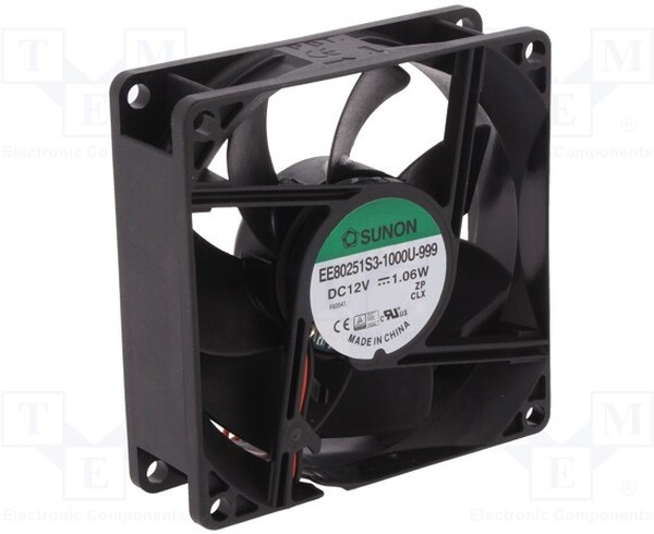 EE80251S3-1000U-999, Вентилятор осевой, 12В DC, 80x80х25мм, подшипник скольжения, 56,1куб.м/ч, 28дБА EE80251S3-1000U-999, Вентилятор осевой, 12В DC, 80x80х25мм, подшипник скольжения, 56,1куб.м/ч, 28дБА