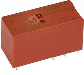 RT424024, Реле электромагнитное, DPDT, Uобмотки 24ВDC, 8A/250ВAC, 8A/30ВDC, монтаж PCB