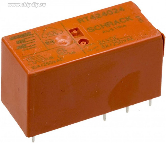 RT424024, Реле электромагнитное, DPDT, Uобмотки 24ВDC, 8A/250ВAC, 8A/30ВDC, монтаж PCB