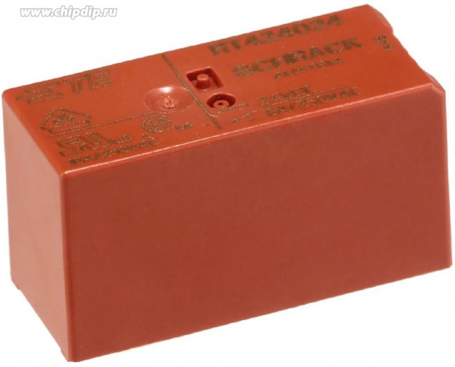 RT424024, Реле электромагнитное, DPDT, Uобмотки 24ВDC, 8A/250ВAC, 8A/30ВDC, монтаж PCB