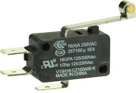 V15H16-CZ100A06-K, Микропереключатель, Стандартный, Роликовый Рычаг, SPDT, Быстрое Соединение, 16 А V15H16-CZ100A06-K, Микропереключатель, Стандартный, Роликовый Рычаг, SPDT, Быстрое Соединение, 16 А