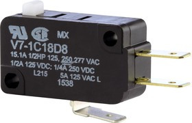 V7-1C18D8, Микропереключатель, Миниатюрный, Контактный Плунжер, SPDT, Быстрое Соединение, 15.1 А