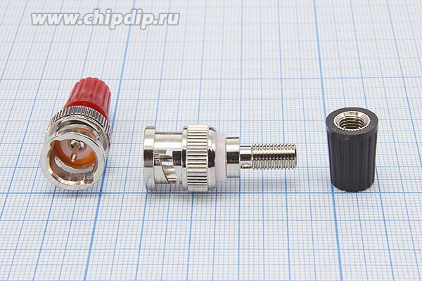 Высокочастотный переходник штекер BNC на приборную клемму, красный цвет; №2616 R штек BNC-клемма приб\d6\изол кр\