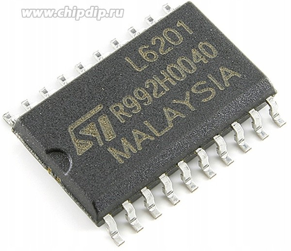 L6201, IC: driver; Н мост; контроллер двигателя; SO20; 1А; Ch: 2; 100кГц L6201, IC: driver; Н мост; контроллер двигателя; SO20; 1А; Ch: 2; 100кГц