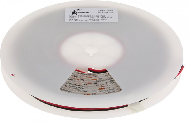 F10-C3528-12-60-IP65, 12V dc White LED Strip Light, 6000K Colour Temp, 5m Length F10-C3528-12-60-IP65, 12V dc White LED Strip Light, 6000K Colour Temp, 5m Length