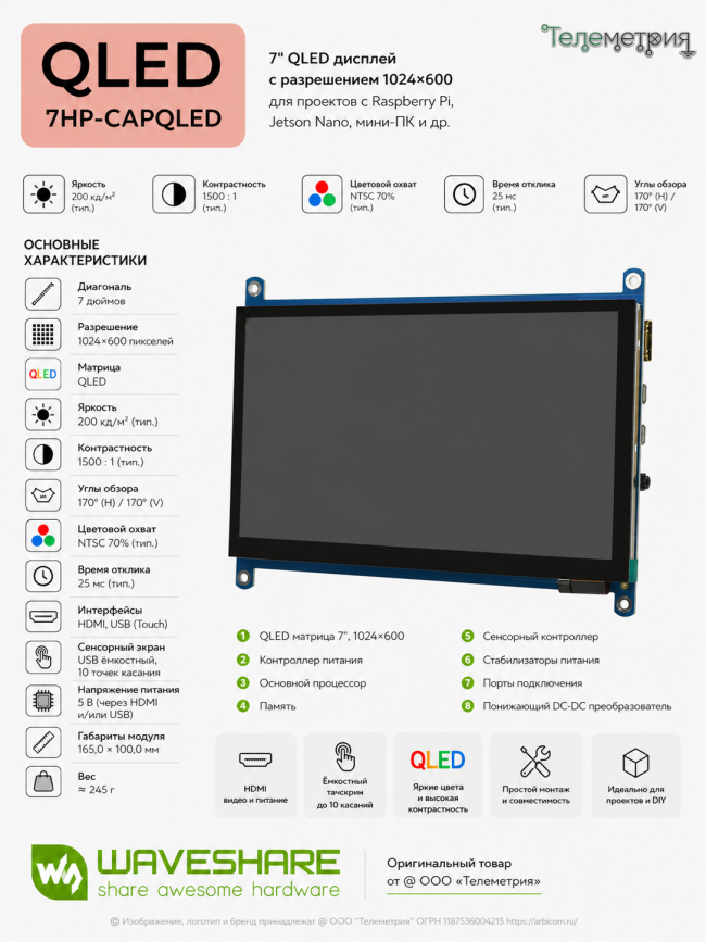7HP-CAPQLED, QLED Quantum Dot дисплей 1024×600px с емкостной сенсорной панелью для мини-PC