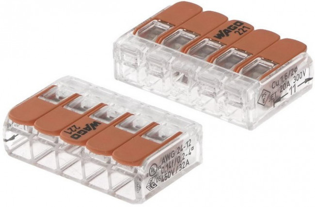 Соединительная клемма с рычажком 221-415 5-ти проводная 0,14-4мм?, 450В, 32А, без пасты, 25 шт. 2662