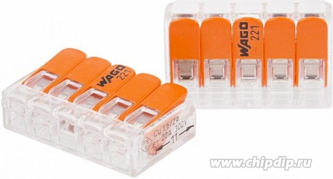 Соединительная клемма с рычажком 221-415 5-ти проводная 0,14-4мм?, 450В, 32А, без пасты, 25 шт. 2662