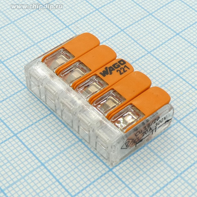 Соединительная клемма с рычажком 221-415 5-ти проводная 0,14-4мм?, 450В, 32А, без пасты, 25 шт. 2662