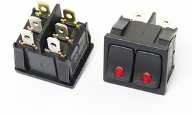 Переключатель клавишный, контакты 6T, 20А, 12В, 1OFF(ON)1OFF-ON, подсветка IL светодиодная красная, R13-33PB2B2