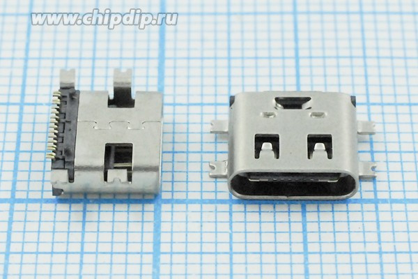 Гнездо USB 3.1, Тип C, угловое, 16 контактов, SMD на плату; №14553 гн USB \C 3,1\16P4C\плат\ \\USB3,1TYPE-C 16PF-026