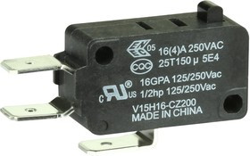 V15H16-CZ200, Микропереключатель, Стандартный, Контактный Плунжер, SPDT, Быстрое Соединение, 16 А