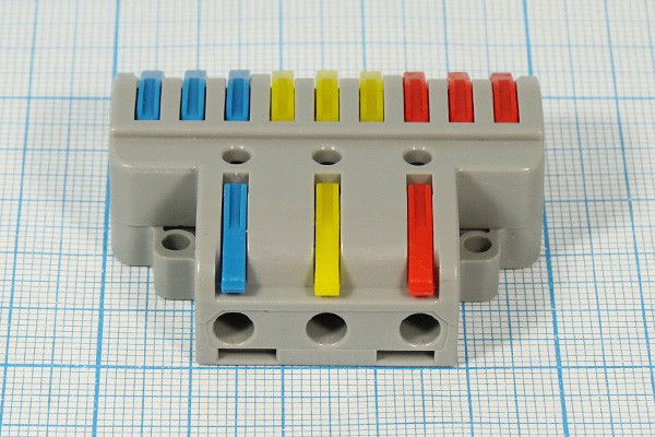Клемма соединительная кабельная, 3C x9C, 0,08x4мм2, 32А, красный/желтый/синий, WAGO
