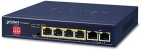 GSD-604HP, Неуправляемый коммутатор Planet 4 порта 10/100/1000Мб/с 802.3at PоE, 55Ватт, 2 порта 10/100/1000мб/с
