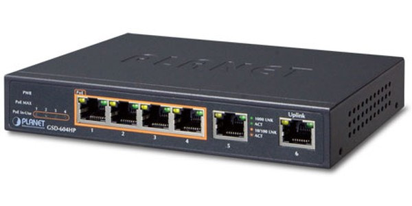 GSD-604HP, Неуправляемый коммутатор Planet 4 порта 10/100/1000Мб/с 802.3at PоE, 55Ватт, 2 порта 10/100/1000мб/с