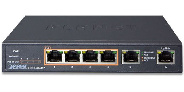 GSD-604HP, Неуправляемый коммутатор Planet 4 порта 10/100/1000Мб/с 802.3at PоE, 55Ватт, 2 порта 10/100/1000мб/с