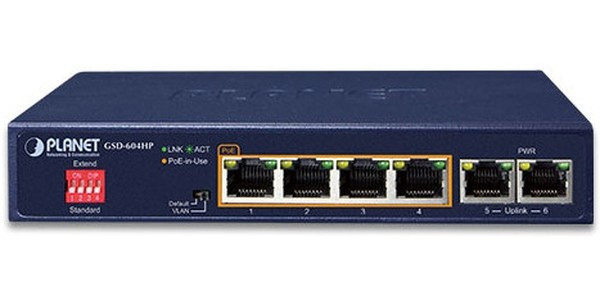 GSD-604HP, Неуправляемый коммутатор Planet 4 порта 10/100/1000Мб/с 802.3at PоE, 55Ватт, 2 порта 10/100/1000мб/с