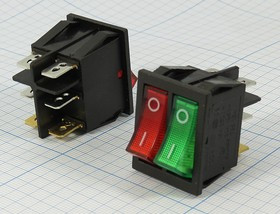 Сдвоенный клавишный выключатель с двойной индикацией:красной и зелёной, 12В/15А; №2260 L Пкл\12\16\2-ON-OFF\\чер\ ILзел&amp;кр\\6T\ KCD4-202/N-1