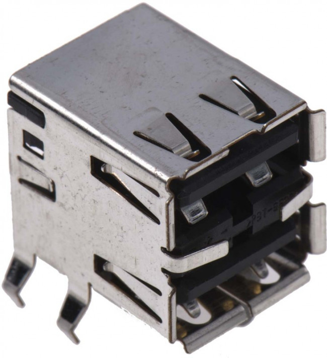 5787745-1, Conn USB 2.0 Type A RCP/RCP 4/4 POS Solder RA Thru-Hole 8 Terminal 2 Port Box/Tray