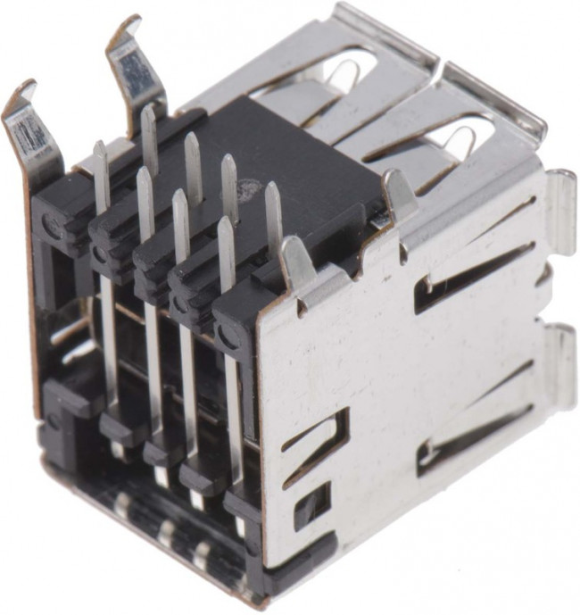 5787745-1, Conn USB 2.0 Type A RCP/RCP 4/4 POS Solder RA Thru-Hole 8 Terminal 2 Port Box/Tray