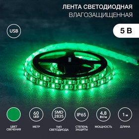 141-384, Лента светодиодная 5В, SMD2835, 4,8Вт/м, 60 LED/м, зеленый, 8мм, 1м, с USB коннектором, черная, IP65