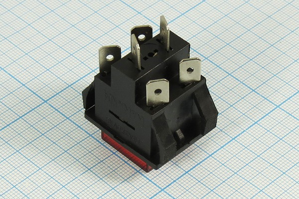 Выключатель кнопочный с фиксацией, OFF-ON, красный с подсветкой, 220В/15А; №10526R ПКн\250\15\DPDT\30x22\ чер\ILкр\\6T\PBS-201A\