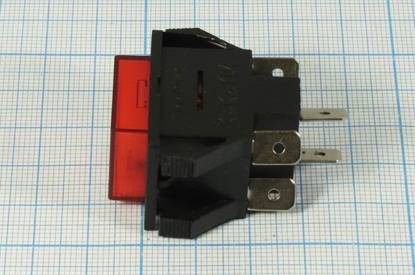 Выключатель кнопочный с фиксацией, OFF-ON, красный с подсветкой, 220В/15А; №10526R ПКн\250\15\DPDT\30x22\ чер\ILкр\\6T\PBS-201A\