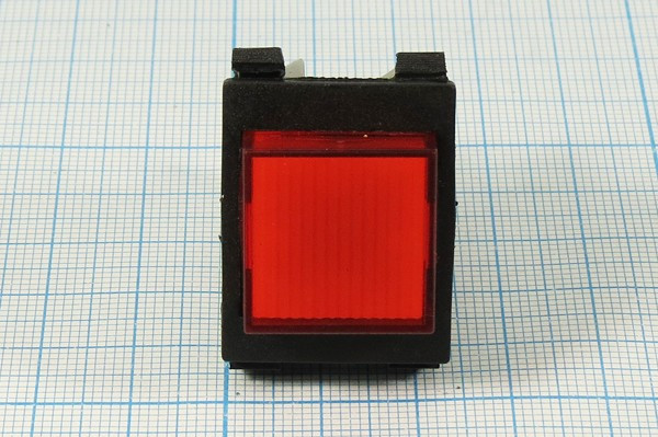 Выключатель кнопочный с фиксацией, OFF-ON, красный с подсветкой, 220В/15А; №10526R ПКн\250\15\DPDT\30x22\ чер\ILкр\\6T\PBS-201A\